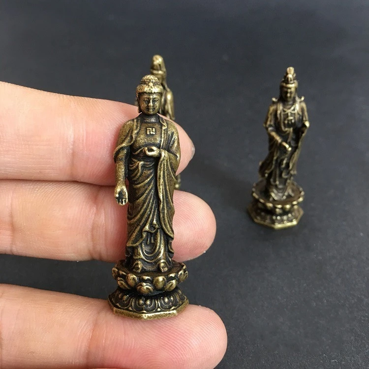 Collection Chinese Copper Carved The Three Saints Of The West Buddha Statue Guan Yin Sakyamuni Rulai Buddha Exquisite Statue