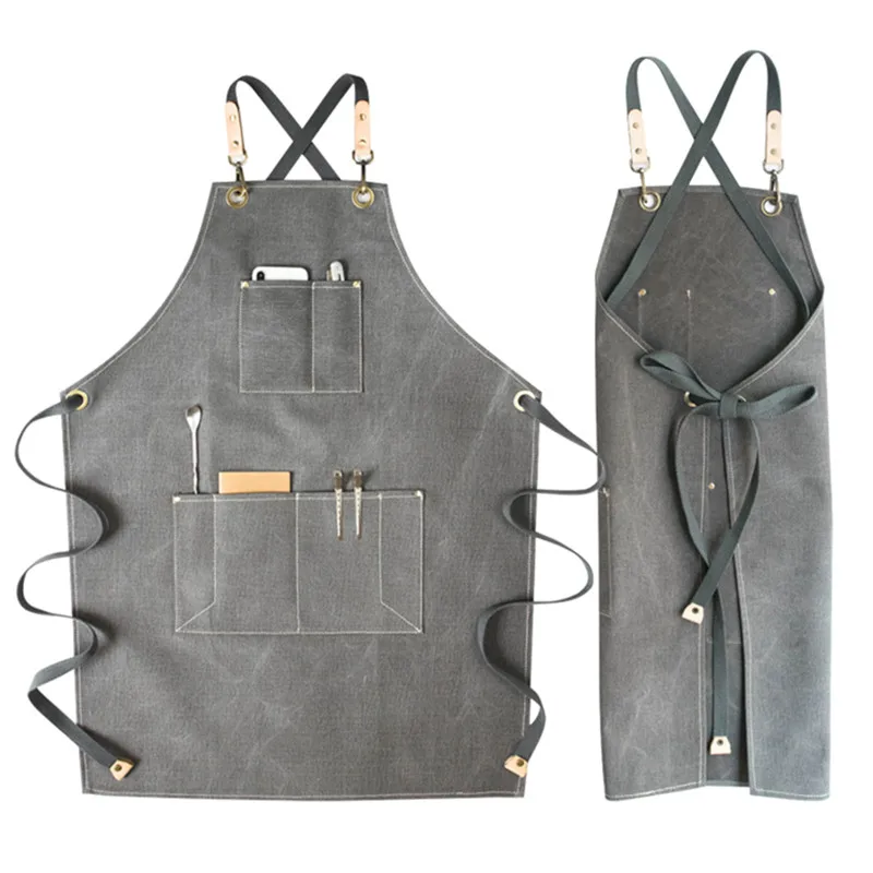 

Gray Denim Apron Cotton Strap Waitstaff Barista Bartender Pastry Chef Uniform Barber Hairdresser Florist Painter Work Wear K36