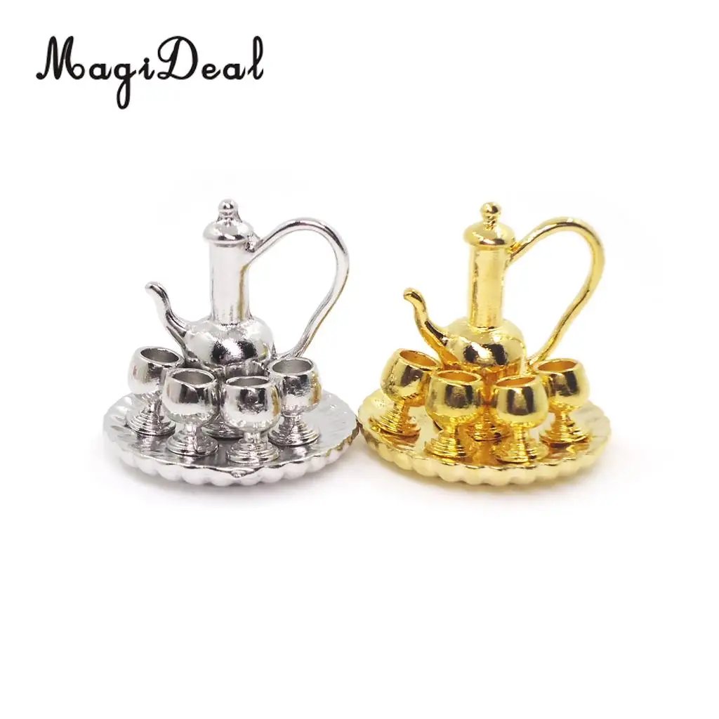 6 Pieces 1:12 Scale Dollhouse Miniature Silver Metal Tea Coffee Set with Tray Vintage Style Tableware Furniture Accessories