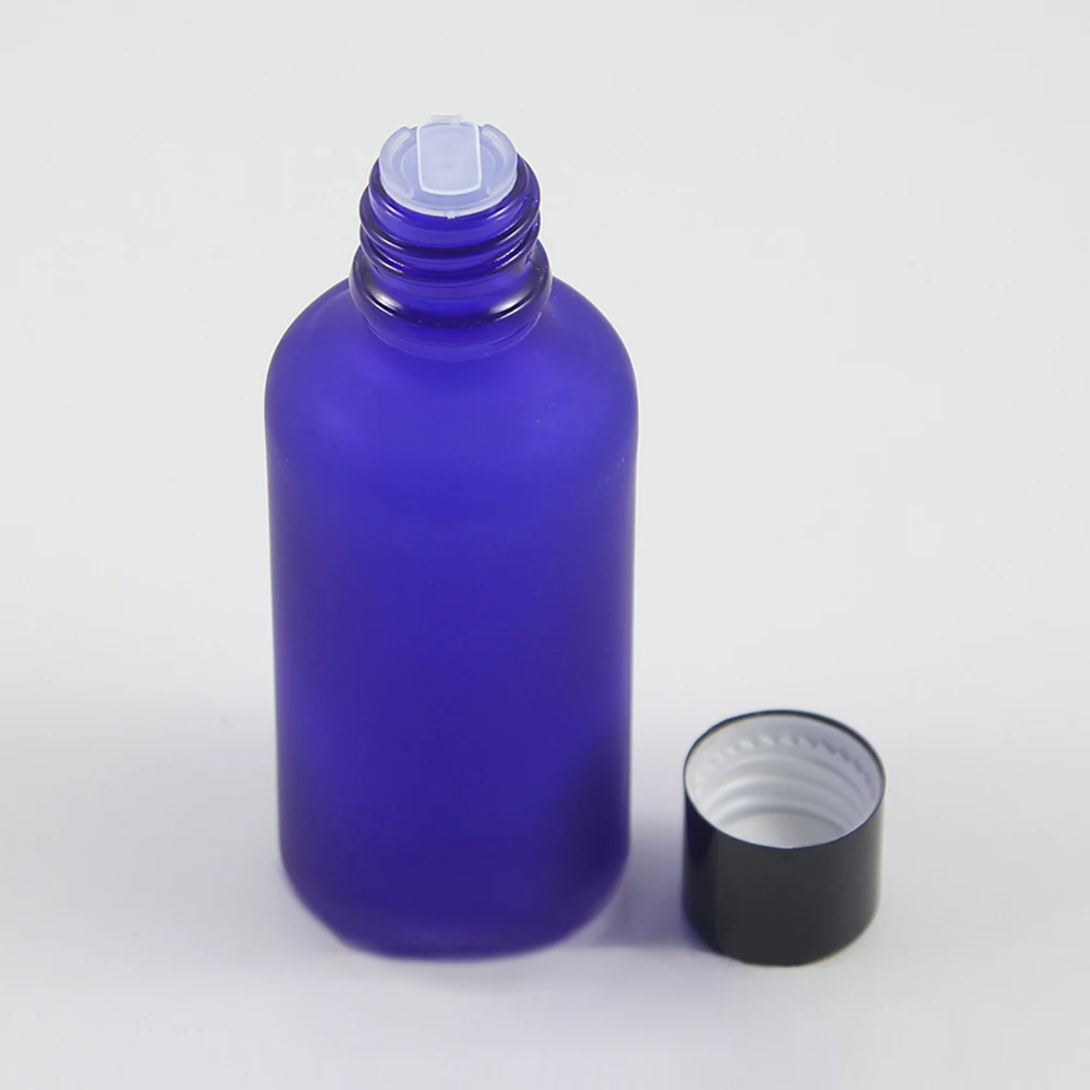 Empty blue frosted glass cosmetic bottle 1.7oz, 50ml Aromatherapy perfumes bottles with balck lids