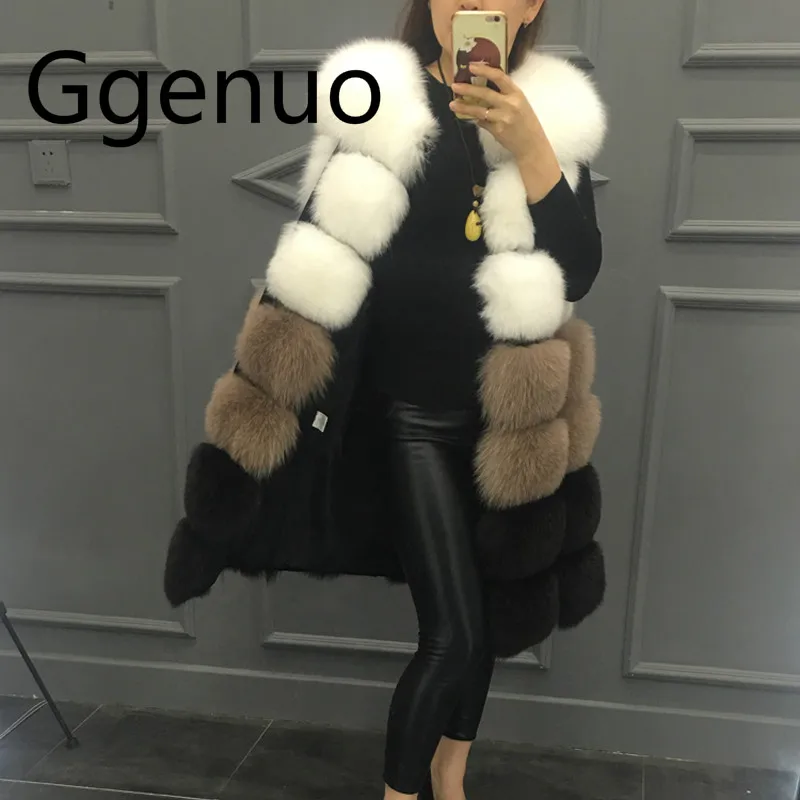 2019 New Fashion Fur Coat women high Imitation Fur Vest Jacket Mixed colors medium-long-style Women Faux Fur Coat