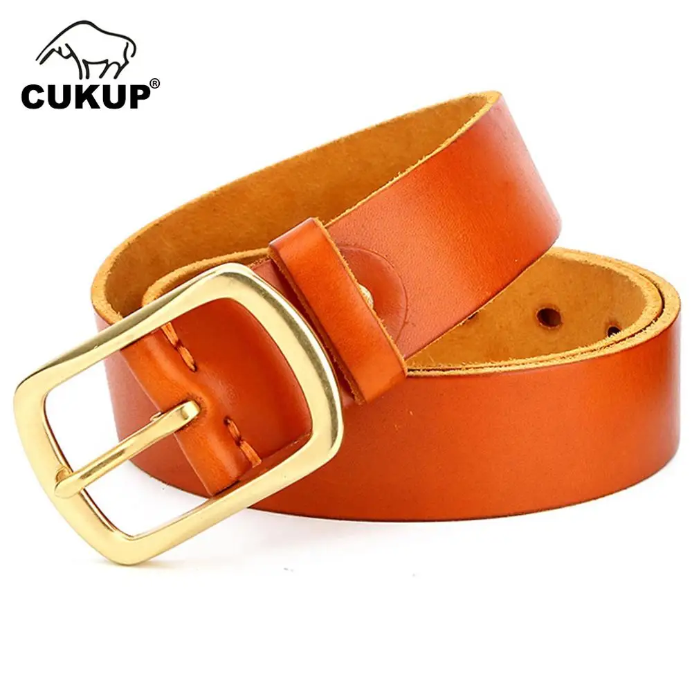 

CUKUP Top Quality Pure Cow Cowhide Leather Belts Brass Pin Buckle Metal Belt Men Retro Styles Accessories for Male 2022 NCK689