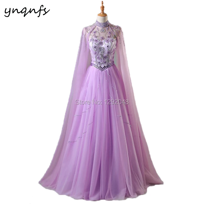 YNQNFS E1 Robe Soiree Dubai Real Sample Soft Tulle Cloak Cape Long Sleeves Lilac Crystal Luxury Long dresses