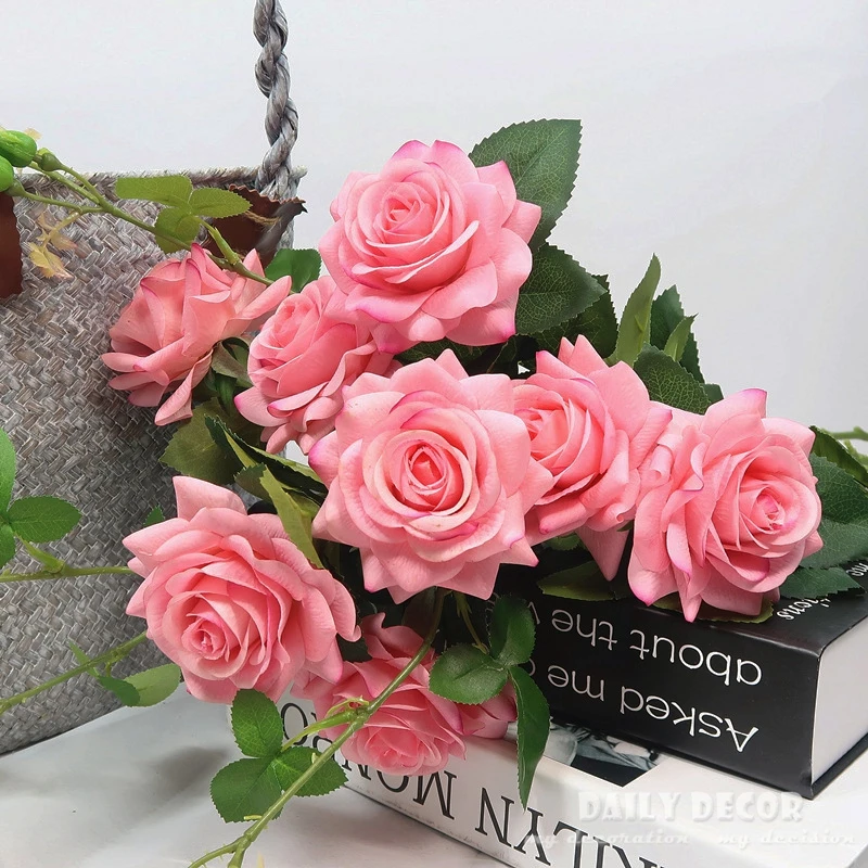 6pcs! Real touch 2 heads long branch/stem latex rose hand feel / felt high simulation wedding decorative artificial rose flowers