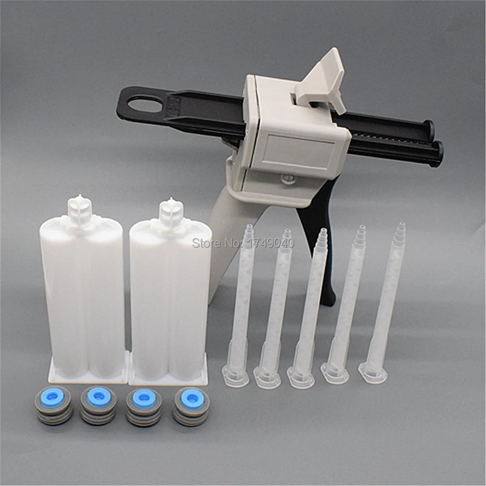 Pistola per calafataggio 50ml 1:2 AB Dispenser per pistola per colla epossidica con ugello di miscelazione statico 5pc e 2 pezzi 50ml 1:1 cartuccia vuota a doppia canna