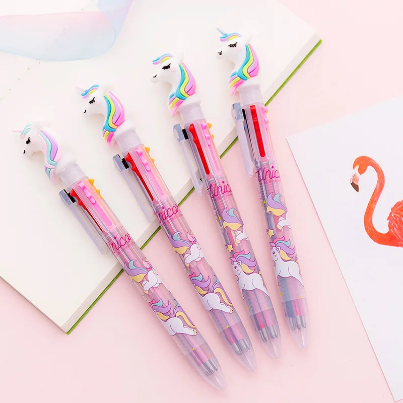 Cute Creative Fresh 6 Color Unicorn Ballpoint Pen Dream Rainbow Unicorn Multi-Color Pen Students