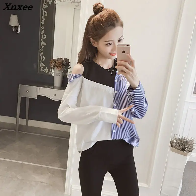 

Fashion striped casual women blouse asymmetric patchwork shirt sexy strapless tops Xnxee