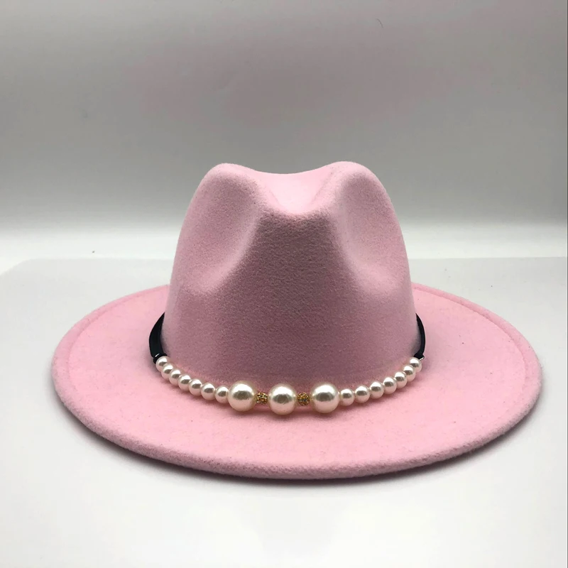 Sombrero de ala ancha para hombre y mujer, gorro de lana para Jazz, color rosa, para otoño