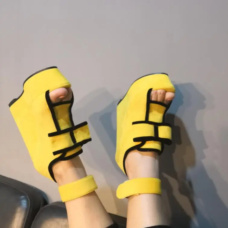 Sexy Ladies Bordured Banana Yellow Bowtie Sandals Summer Magic Tape Gladiator Wedge Heels Peep Toe Contast Color Ankle Bottines