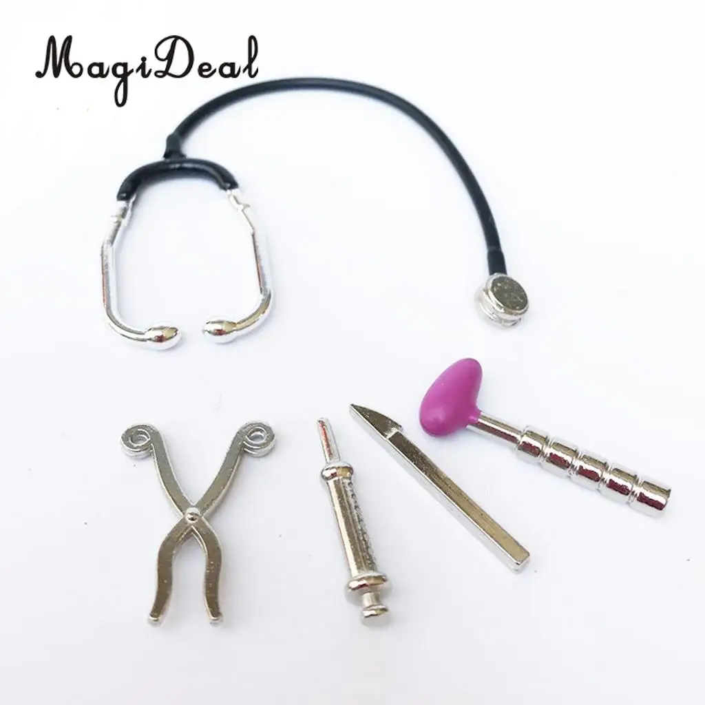 1/12 Dollhouse Miniature 5 Pieces Alloy Stethoscope Set Equipment Decoration for Kids Children Pretend Play Doctor Nurse Toys