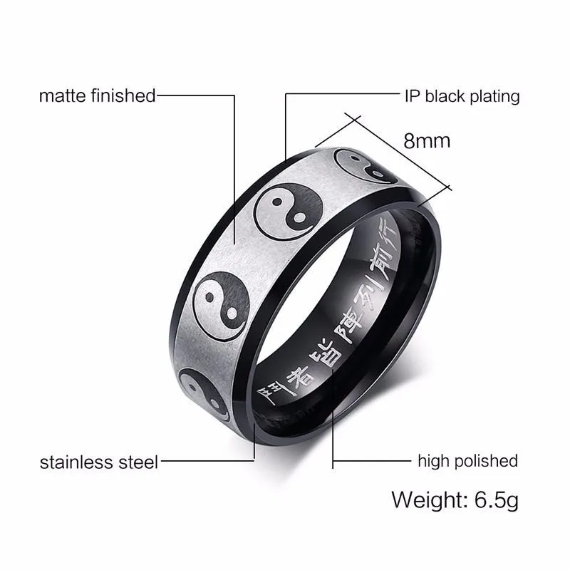 8mm Mens Two Tone Stainless Steel Rings Chinese Style Yin Yang Symbol Gossip Transfer Ring