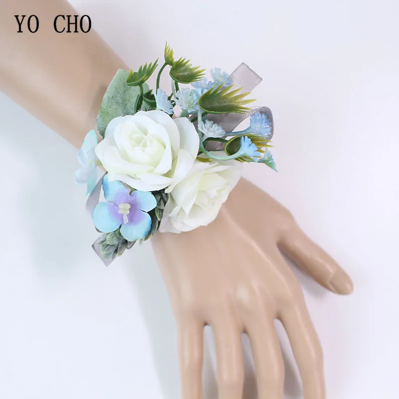 YO CHO, белые шелковые розы, свадебные цветы, браслет на запястье, корсаж, для подружки невесты, синяя бутоньерка для жениха, мужские свадебные принадлежности