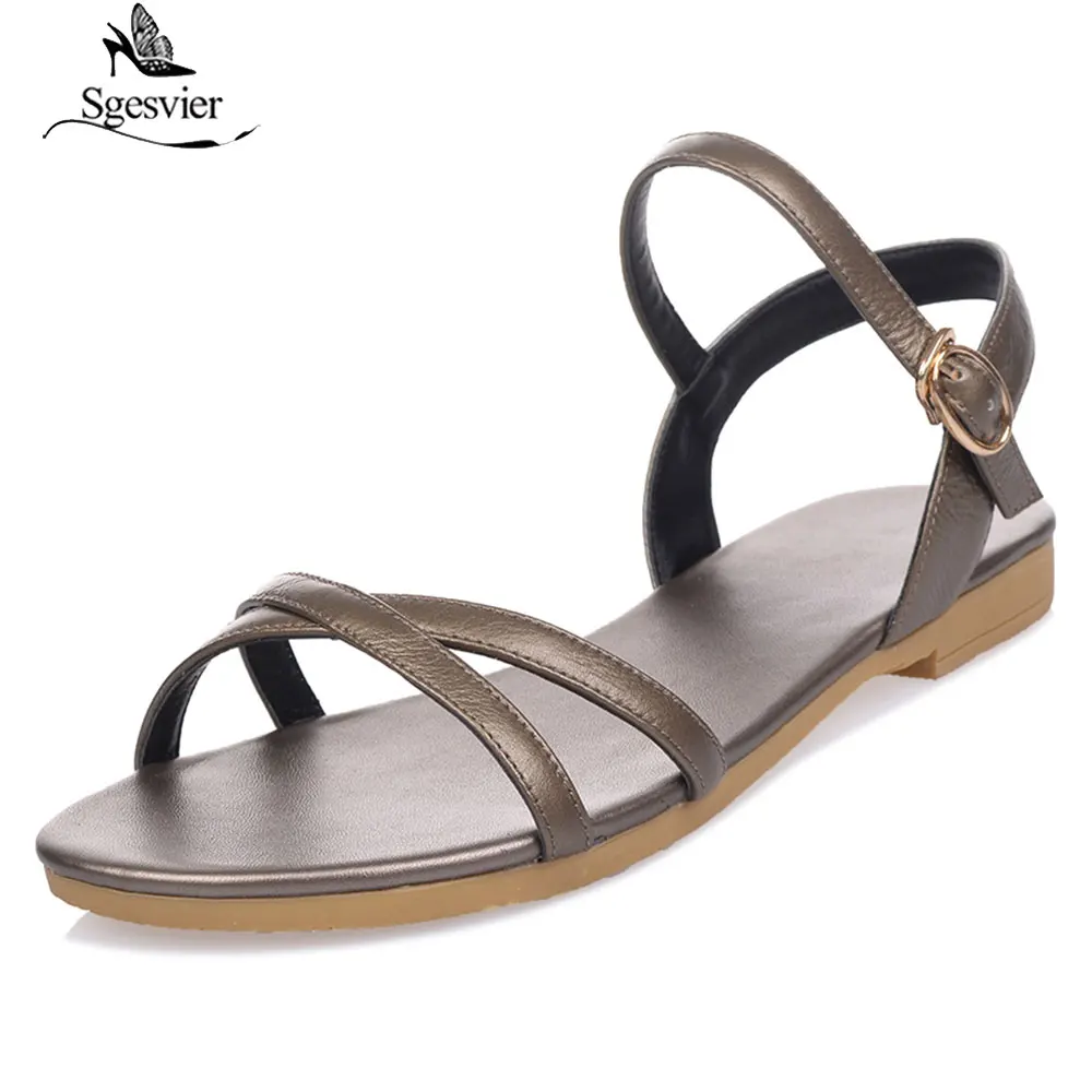 Sgesvier Size 33-46 2020 new women sandals simple buckle summer shoes genuine leather ladies comfortable flat sandals G289