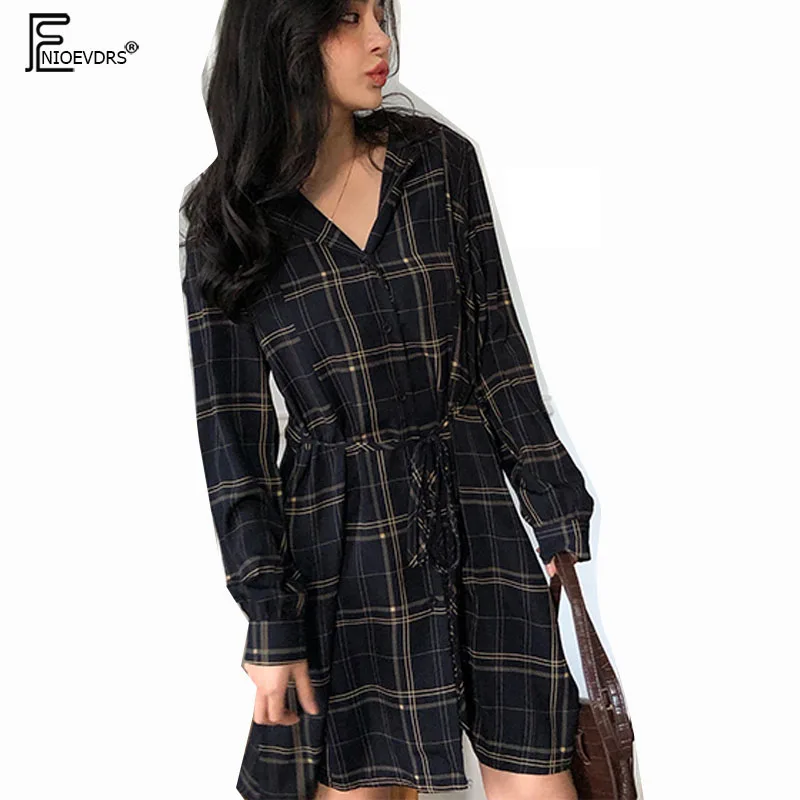 2019 Spring Design Dresses Hot Sales Women Fashion Long Sleeve Korean Cute Preppy Style Girls Vintage Button Shirt Dress 1287