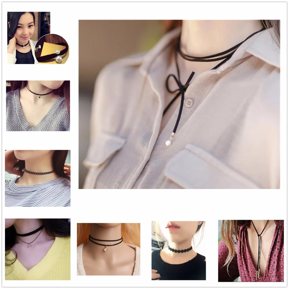 New Gothic Punk Harajuku Black Velvet Suede Lace Crystal Triangle Circle Choker Neck For Women Jewelry Multilayers Collier