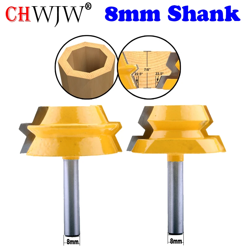 2PC 8mm Shank Lock Miter Router - 22.5 Degree Glue Joinery Router Bit Set Tenon Cutter for Woodworking Tools - CHWJW 15220