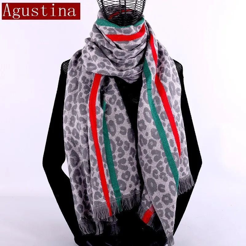 cashmere scarf Red green stripes Winter Leopard print women Fashion shawl tassel scarves luxury brand warm hijab cape pashimina