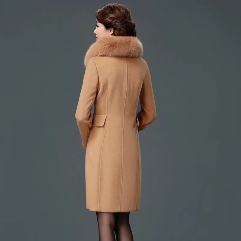 Elegant Solid Long Woolen Winter Coats Slim Pockets Office Wool Coat and Jacket Covered Button Fur Collar Ladies Coats