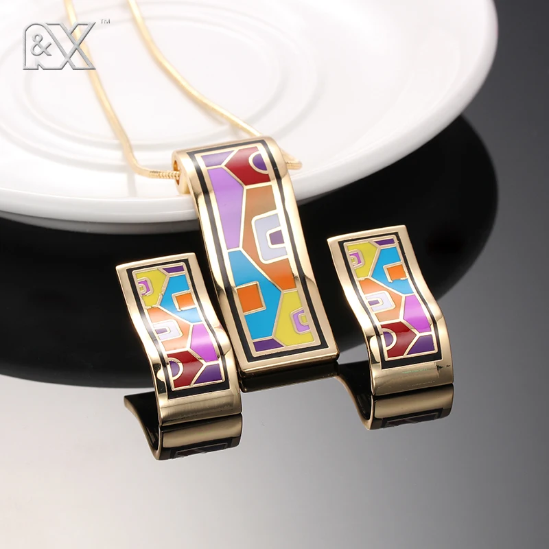 R&X Fashion Necklace/Earrings F252-f257 Girls Jewelry Sets Anniversary Fine Costume Sieraden Sets Enamel Jewelry Necklace Set CC