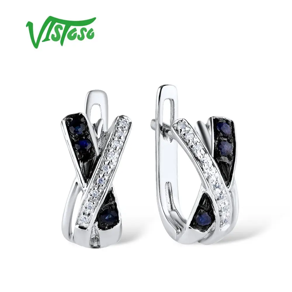 

VISTOSO Gold Earrings For Women Pure 14K 585 White Gold Sparkling Blue Sapphire Diamond Anniversary Wedding Elegant Fine Jewelry