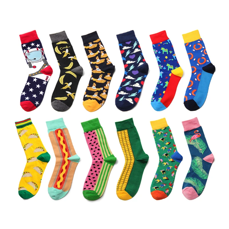 Men Socks Korea Cartoon Colorful Happy Hip Hop Skate Harajuku Funny Street Style Fashion Dress Cotton Sock Yellow Green