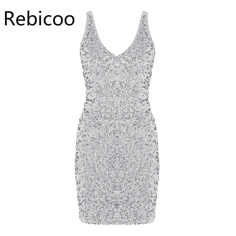 Fashion Women Sequin Sexy Bodycon Dress Dazzling Glittery Stage Dance Performance Costume Cocktail Club Party Mini Dress