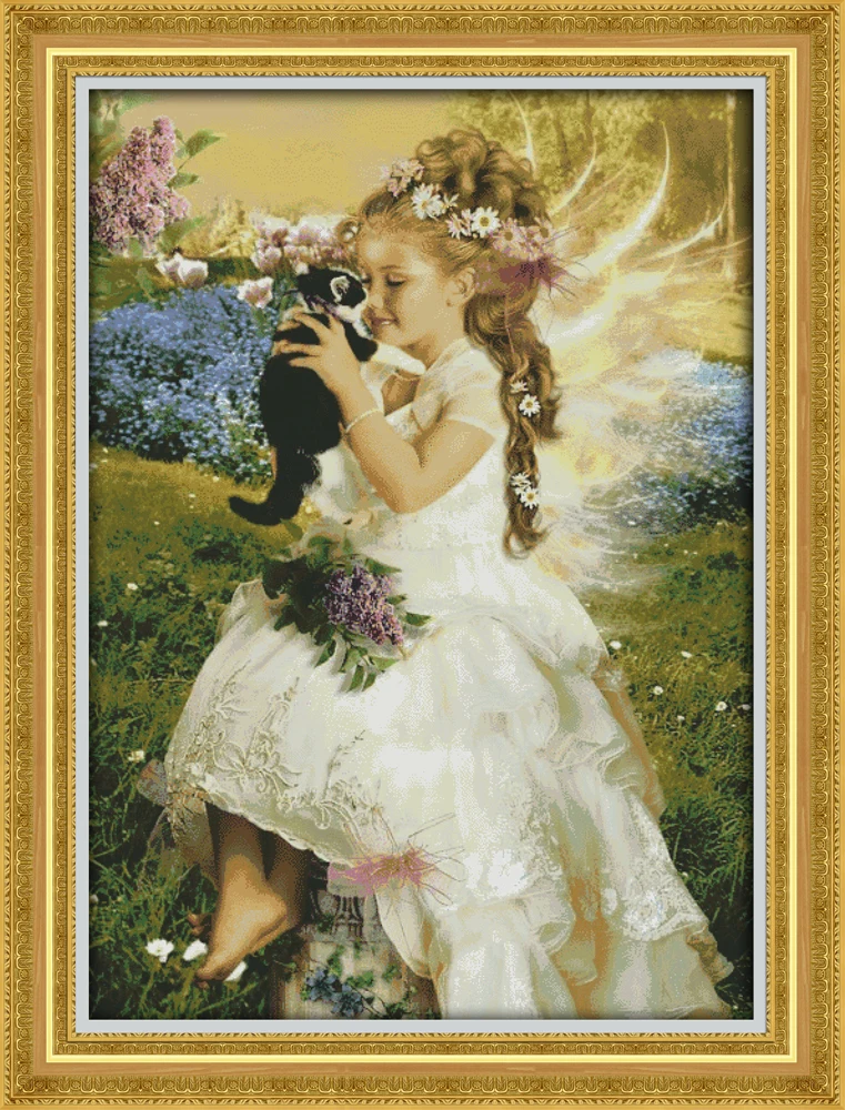 Joy Sunday The Girl Holding The Cat Cross Stitch 11CT 14CT Cross Stitch Sets Wholesale Cross-stitch Kits Embroidery Needlework