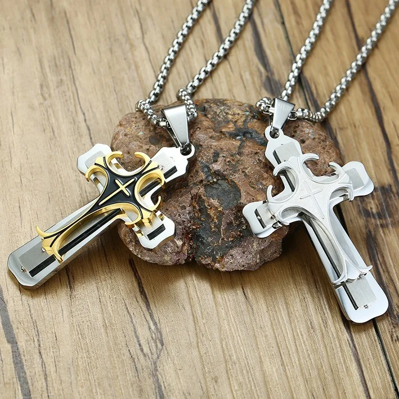 Vnox Punk Double Cross Necklaces for Men Prayer Religion Collar Free Stainless Steel Box Chain 24\