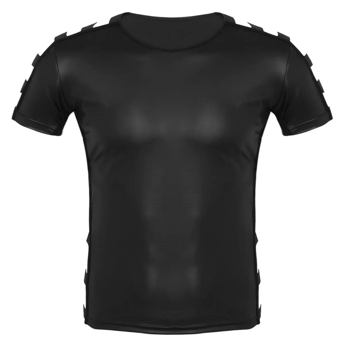 Mens Sexy Soft Faux Leather Slim Fit T-shirt Short Sleeves Round Neck Cut Out Elastic Band Fashion Pullover Muscle T-shirts Tops