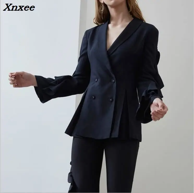 Kadın blazer resmi çift düğme katı ruffles uzun kollu kadın ceket ceket kadın takım elbise blazer feminino ofis blazers