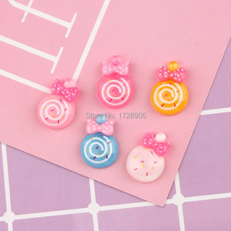 Lollipop Lolly Resin Cabochons Candy Flat back with bow Scrapbook Craft Headwear Accessories DIY Phone Decor 21 mm 10 pcs