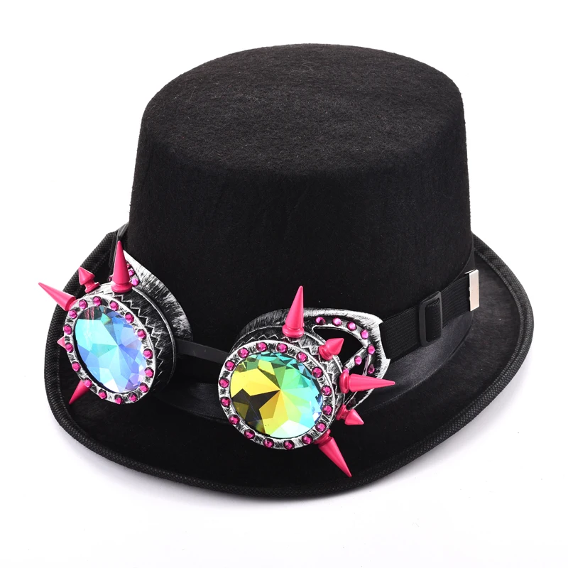 

Steampunk Men's Black Hat With Crystals Rivets Goggles Party Cosplay Punk Glasses Fedora Top Hat Gothic Accessory