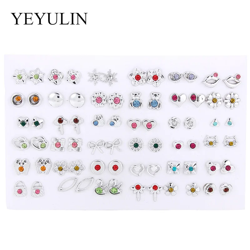 36 Pairs Heldere Zilveren Kleur Mutli-Stijl Plastic Crystal Ronde Dieren Geometrische Stud Oorbellen Set Voor Vrouwen Meisjes Sieraden gift