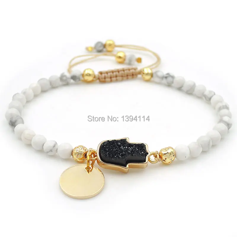 Titanium Coated Black Crystal Druzy Base Connector Howlite Faceted Beads Hand-Knitted Strand Bracelet