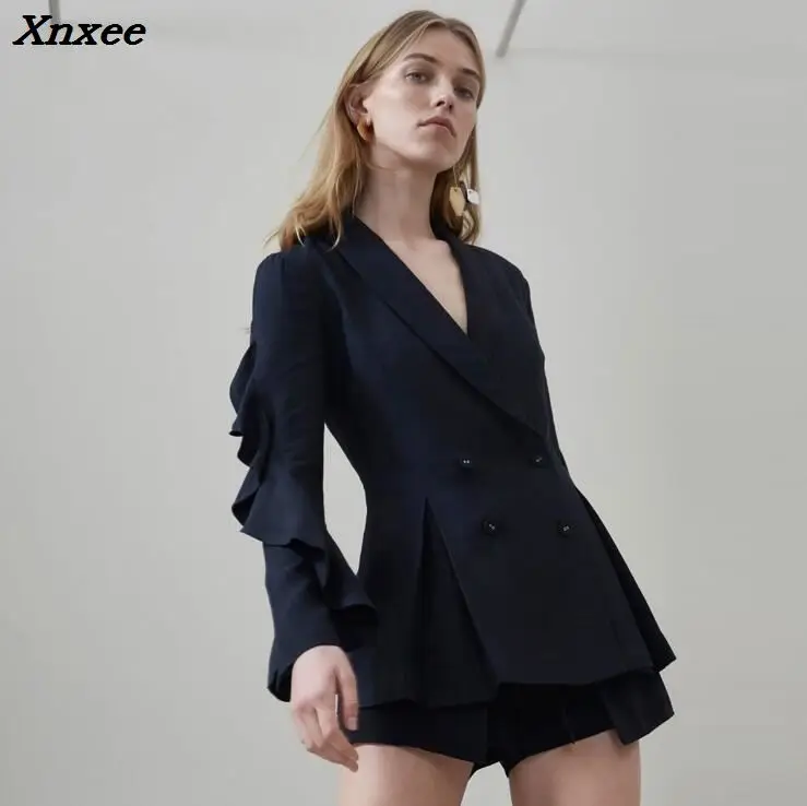 Kadın blazer resmi çift düğme katı ruffles uzun kollu kadın ceket ceket kadın takım elbise blazer feminino ofis blazers