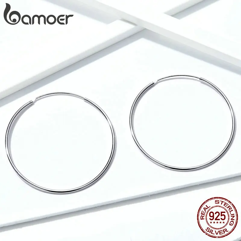 Bamoer 925 Sterling Silver Platinum Plated Classic Big Hoop Earrings for Women Fashion Jewerly Size 30mm 40mm 50mm