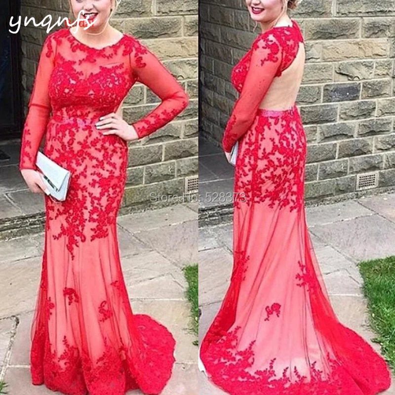 

YNQNFS Lace Appliques Sexy Long Gown Open Back Long Sleeve Vestido Formal Dress Mother of the Bride Dresses MD364