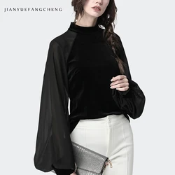 2021 Spring Autumn Women Black Velour Blouse Chiffon Lantern Sleeves Stand-Up Collar Elegant Slim Plus Size Woman Bottoming Tops