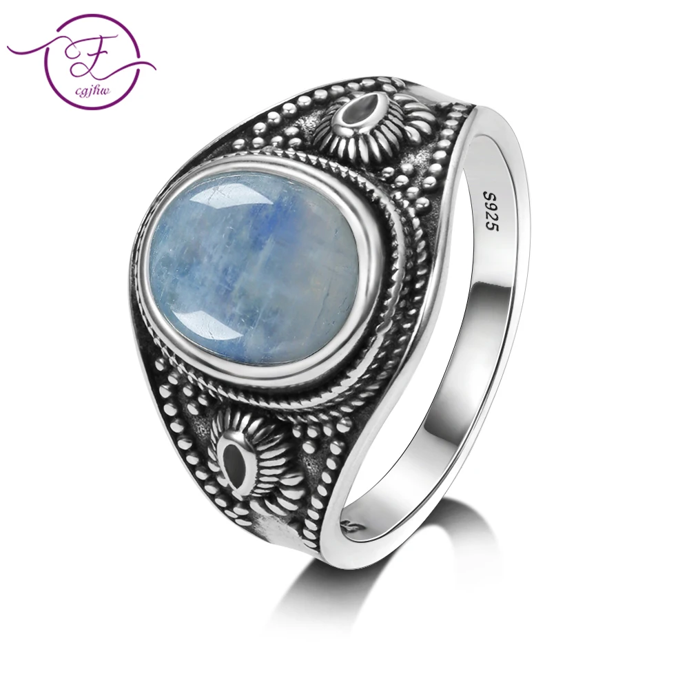 

Men and women 925 sterling silver jewelry DIY retro ring natural moonstone 8x10MM oval gem gift wholesale party wedding