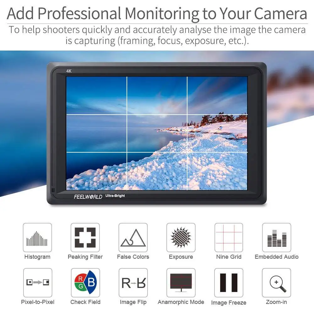 FEELWORLD FW279 7 Inch Ultra Bright 2200nit DSLR Camera Field Monitor 4K HDMI Full HD 1920x1200 LCD IPS High Brightness Monitor