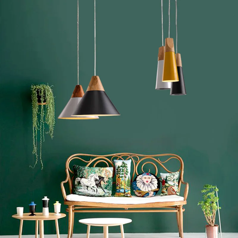 

Nordic E27 Wooden Pendant Lights Kitchen Hanging Light Bar Coffee Shop Colorful Cone Pendant Lamp For Dining Room children lamp