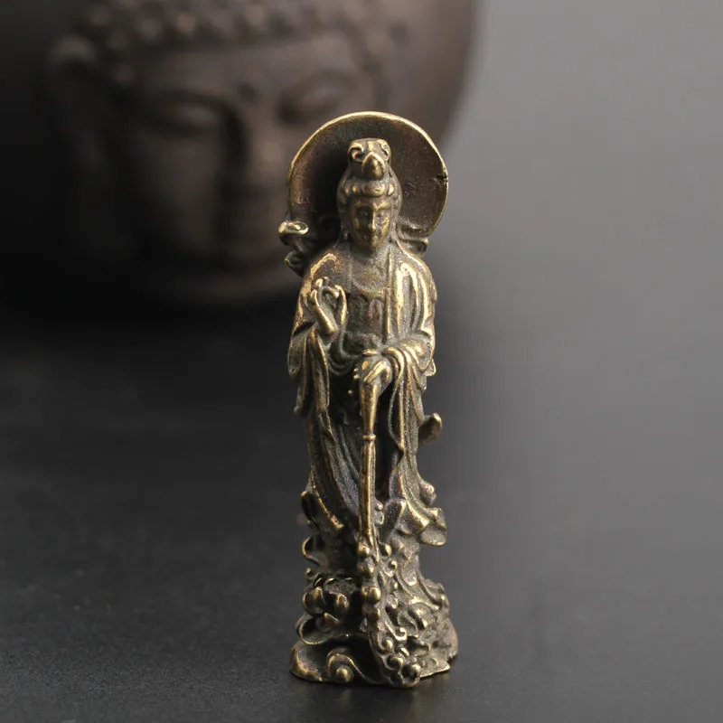 Small Curio Chinese Bronze Buddhism Kwan-yin Guan Yin Lotus Flower Pendant