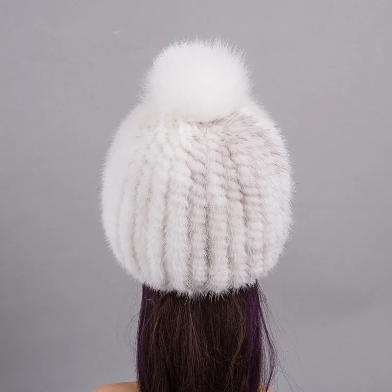 knitted fur hat of natural mink fur winter hats girl hat with pompom real fur hat 9 colors gray khiki women warm beanie H161