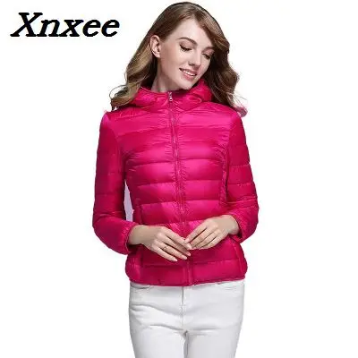 

Winter women light coat duck down hooded jackets long sleeve warm slim short coat female solid outwear big size with pocket