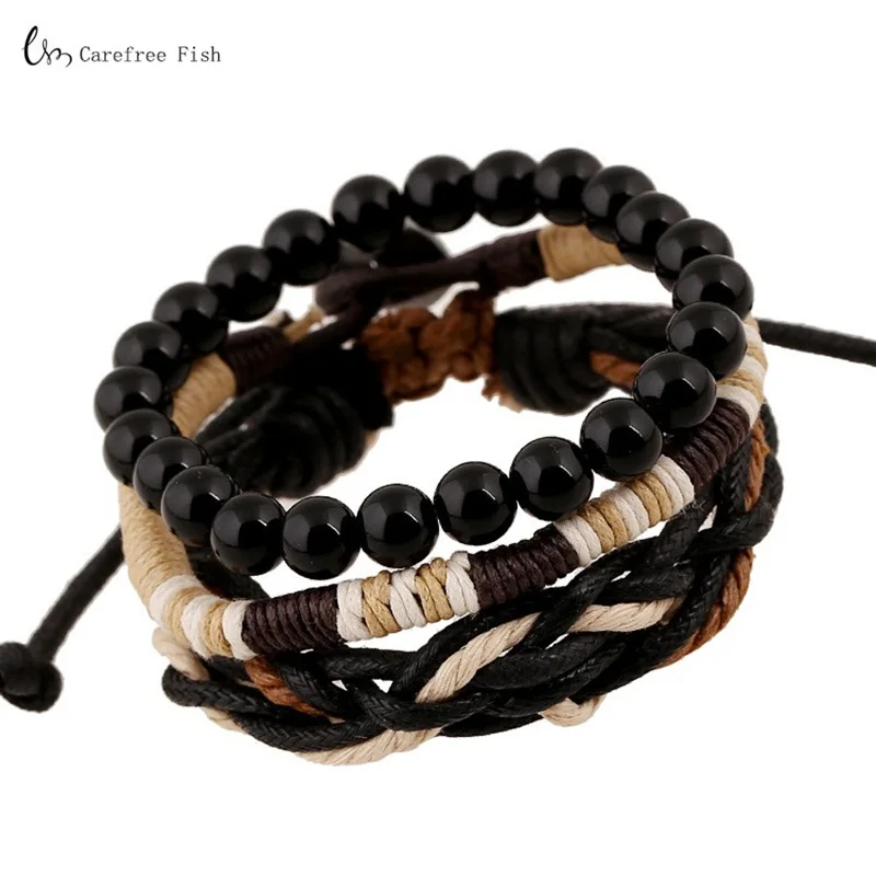 

Original 3 In 1 Vintage Male Bracelets Black Wooden Bead Strand Bracelets Handmade Rope Braided Charm Bracelet Men Jewelry BX103