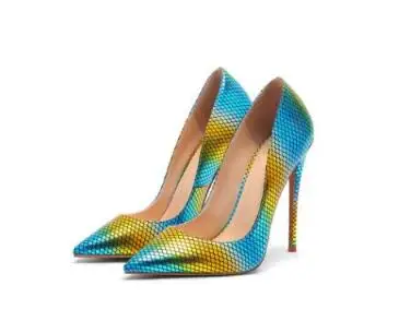 

Novelty Patchwork Office Dress Shoes Sexy Pointed Toe Mixed Color Snake Leather Pumps Hot Sale Thin Heel Lady Shoes Party Heels