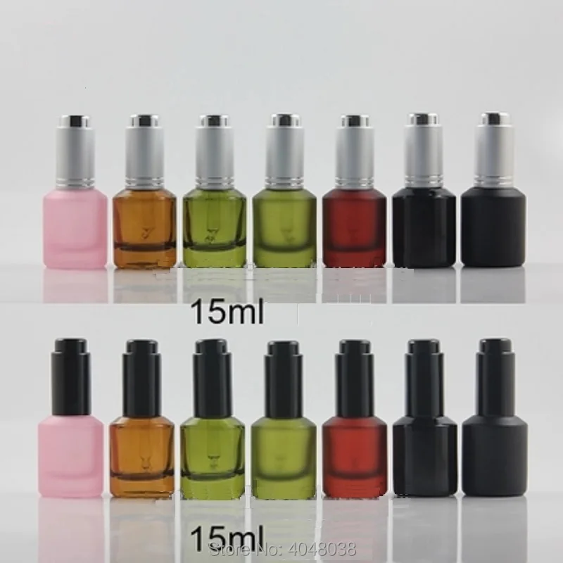 

15ML Glass Dropper Bottle Essential Oil Refillable Bottles Amber Black Pink Green Vial with Black Silver Pusher Pump 20pcs