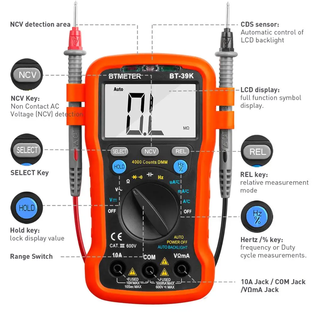 BTMETER BT-39K Multimeter Auto Range Digital Avometer Universal Meter 4000 Counts With New Substitutable Fixed Mode,NCV,DC/AC