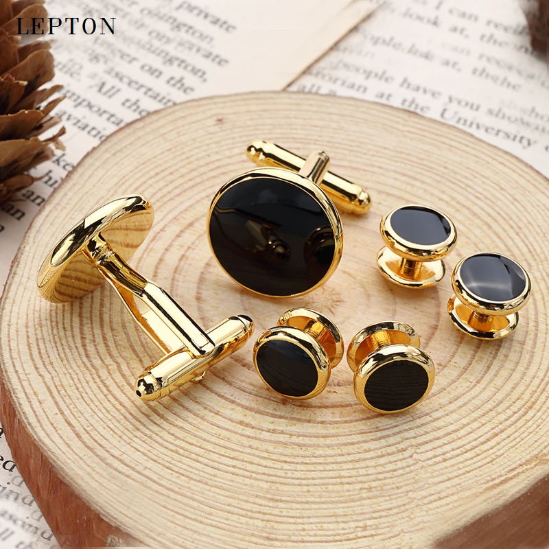 Lepton Black Enamel Round Cufflinks and tuxedo studs Sets Gold Color Business wedding High Quality Mens Shirt Cuffs cufflink