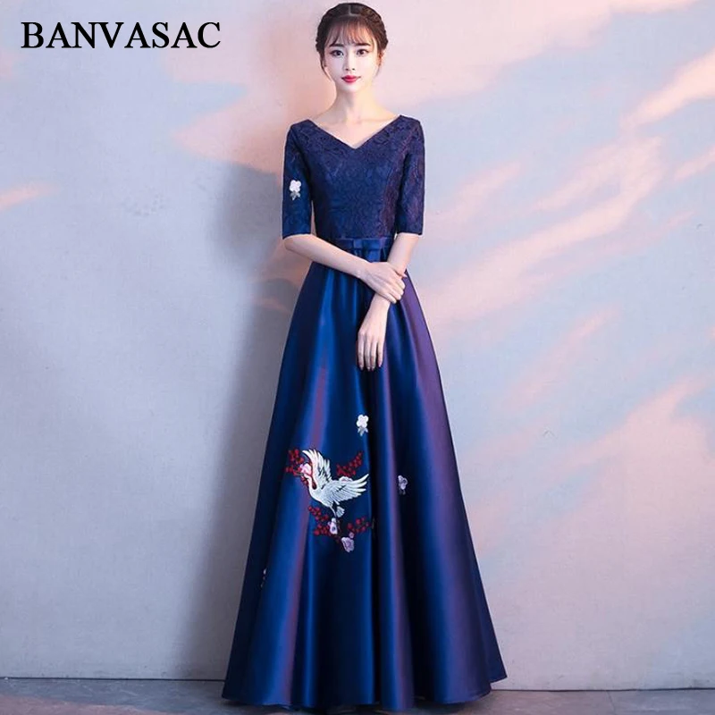 BANVASAC Elegant V Neck Pattern Embroidery A Line Long Evening Dresses Party Lace Half Sleeve Bow Sash Prom Gowns